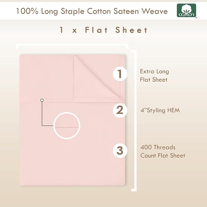 Pizuna Pure 100% Cotton Flat Sheets Only King Light Pink (1 PC), Luxurious 400 Thread Count Long Staple Cotton Sateen with 4inch Hem (Combed King Flat Sheet Only Cotton) - Image 3