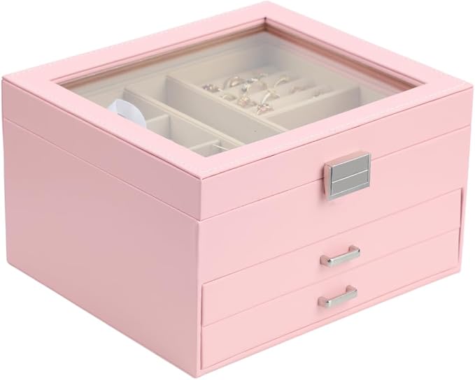 BOOVO Clear Lid Jewelry Box,3 Layers Jewelry Organizer Large Jewelry Storage Box with 2 Drawers,Jewelry Holder Organzier of Rings Earrings Necklace Bracelets for Women (Pink, 3 Layer) by BOOVO