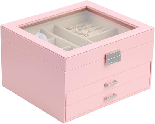 BOOVO Clear Lid Jewelry Box,3 Layers Jewelry Organizer Large Jewelry Storage Box with 2 Drawers,Jewelry Holder Organzier of Rings Earrings Necklace Bracelets for Women (Pink, 3 Layer) by BOOVO