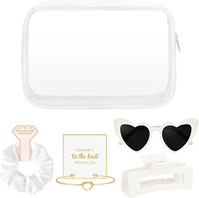 DEEKA 5 Pcs Bridesmaid Proposal Bag Set Gift Clear Makeup Toiletry Bag Bachelorette Party Favors Sunglasses Hair Claw Clips Scrunchies Knot Bracelets Bridal Wedding Party Gifts (White) - Image 8
