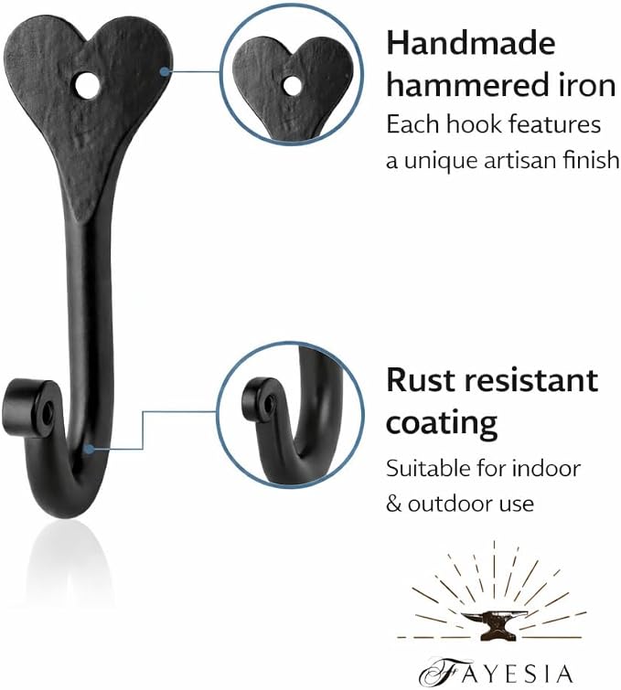 Handmade Wall Mounted Coat Hooks - Heart Shaped Decorative Hooks with Screws & Fittings - Wrought Iron Door Hooks for Hanging Towels, Bags & Hats (Set of 5) - Image 4