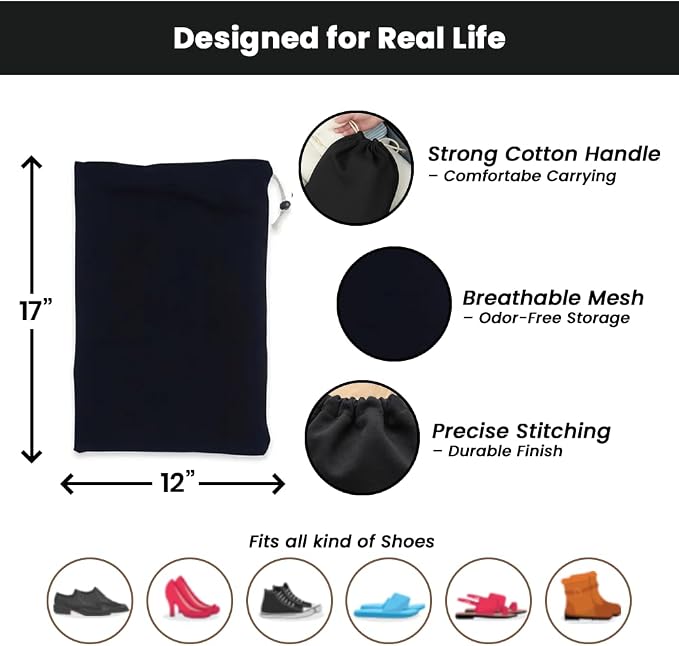LFH Cotton Rich Shoe Storage Bags with Drawstring, Dustproof Breathable Reusable Organizer, Perfect For Travel, Dorm, Hotel, College, Gym, Machine Washable 12"x17" (Pack of 6) - Black sand - Image 2