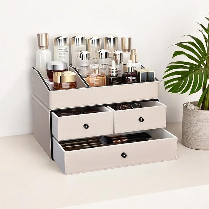 KINGFOM Leather Makeup Organizer with 3 Drawers, 2 Tier Cosmetic Storage Organizer for vanity Dresser Countertop and Bathroom Vanity, Beauty Holder for Lipstick Brush Skincare (Beige) - Image 6