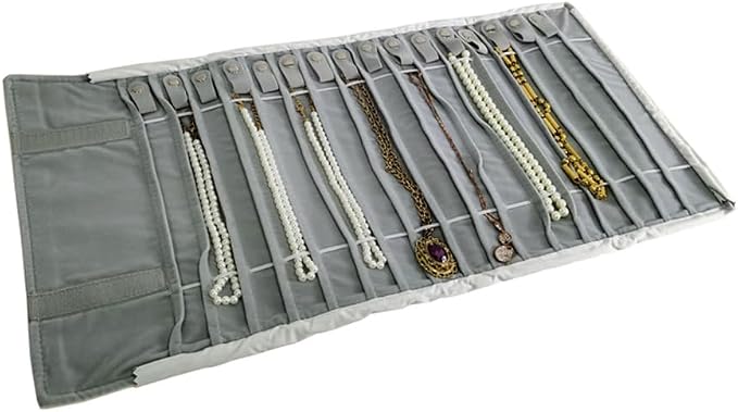 Travel Necklace Organizer, Tangle Free Jewelry Case, 16 Slots | Foldable,LightWeight Compact, Velvet Lining Jewelry Storage Bag for Chain Bracelet, Gift for Women Girls,Gray PU Gray Velvet - Image 5