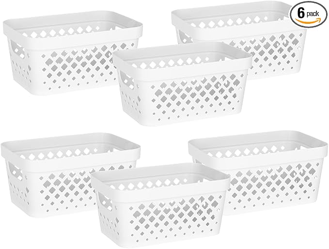 Glad Plastic Baskets for Organizing, Set of 6 | Pantry Storage for Under Counter, Linen Closet, and Bathroom | Nesting Shelf Bins with Handles, 1 Gallon, White by GladTrashFoodStorage