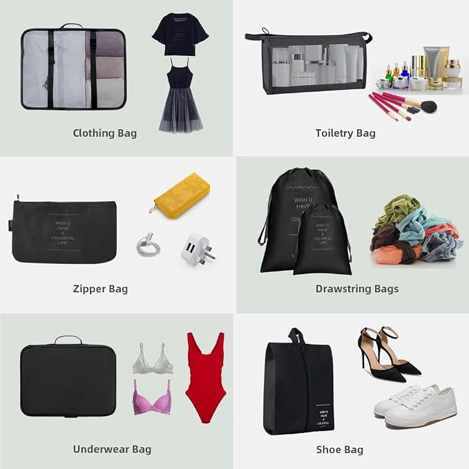 Packing Cubes for Suitcase,Lychico 9pcs Travel Luggage Packing Organizers Waterproof Travel Essentials Bag Clothes Shoes Storage Bags, Black - Image 5