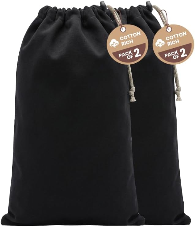 LFH Cotton Rich Shoe Storage Bags with Drawstring, Dustproof Breathable Reusable Organizer, Perfect For Travel, Dorm, Hotel, College, Gym, Machine Washable 8"x17" (Pack of 2) - Black sand by LFHHomePrivateLimited