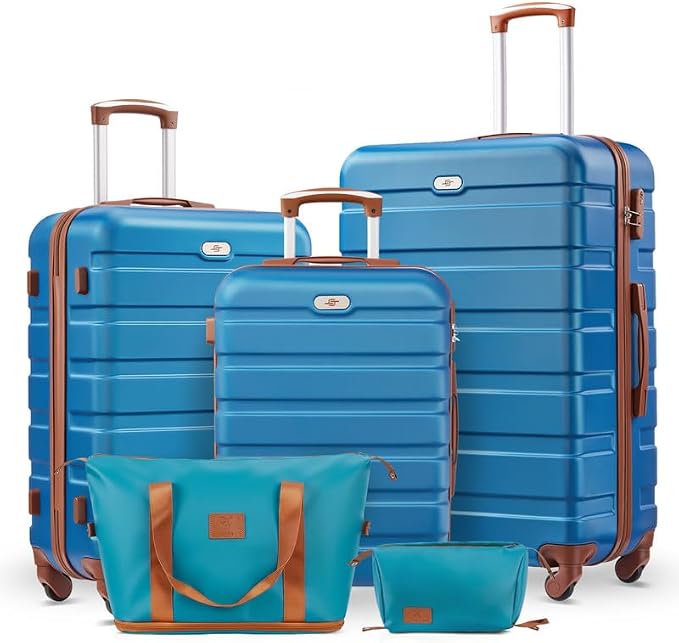 Suitour Luggage Sets 5 Piece, 20, 24, 28 inch Hardside Carry-on and Checked Suitcase Set with Expandable Travel Duffle Bag Sets（Blue Brown） by Suitour