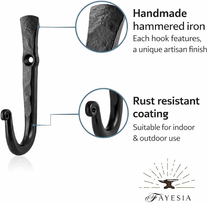 CRUIFU Wall Mount Coat Hooks – Handmade Wrought Iron J-Hooks with Screws & Wall Anchors for Kitchen, Bedroom, Bathroom - Single Prong Door Hooks for Hanging Towels Bags Hats (Set of 3, Straight) - Image 2