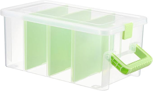 BTSKY Clear Plastic Dividing Storage Box with 4 Deep Compartments Adjustable Storage Bin with Lid Portable Craft Container Multipurpose Sewing Box Art Supply Organizer, 13.9x7.9x6.2 Inches, Green by BTSKY