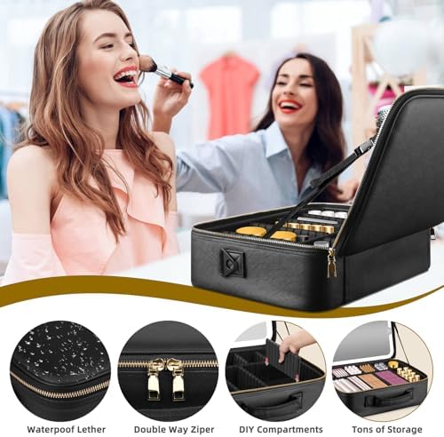 15''X11'' Makeup Bag with Removeable Lighted Mirror, Travel Makeup Case with 3 Color Lights Dimmable Brightness, Large Capacity Cosmetic Organizer Case with Detachable Dividers & Shoulder Strap - Image 4