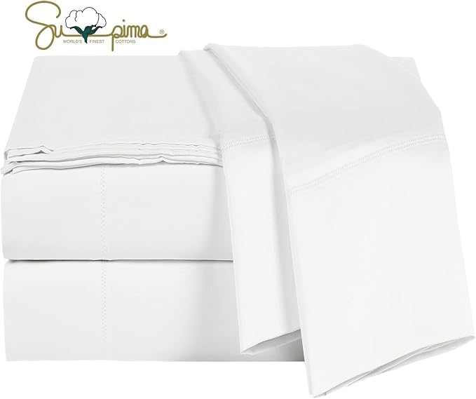 100% Supima Cotton Sheets 600 Thread Count,Bed Sheet Set King Size Sheets 4 Pieces,Soft & Silk Sateen Weave, Fits Mattress Up to 18",Deep Pocket, Breathable & Fade Resistant(White,King) by ELINEN