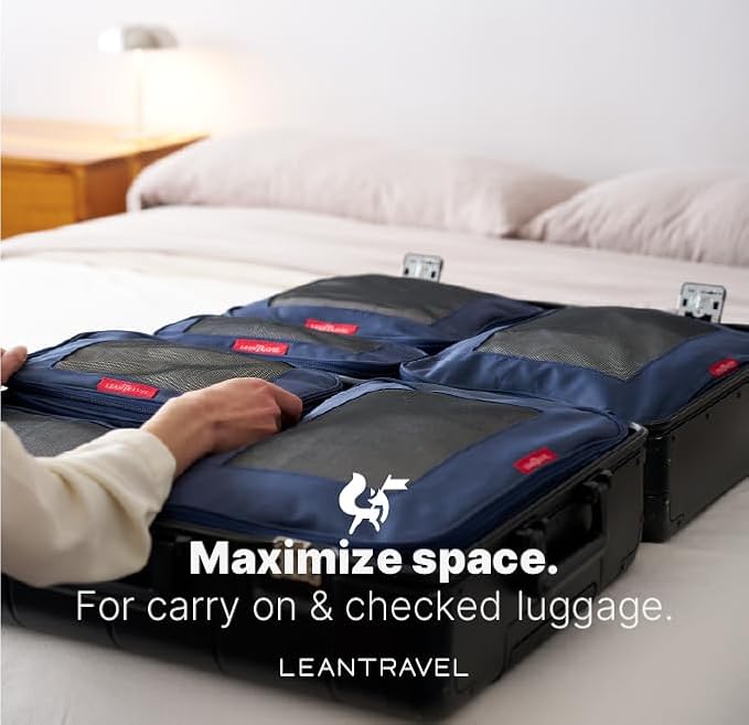 LeanTravel Premium Compression Packing Cubes for Travel - Suitcase Organizer Bags with Double Zipper & Breathable Mesh Panel - Space Saving Carry On Luggage Essentials (4-Pack, Navy Blue) - Image 8