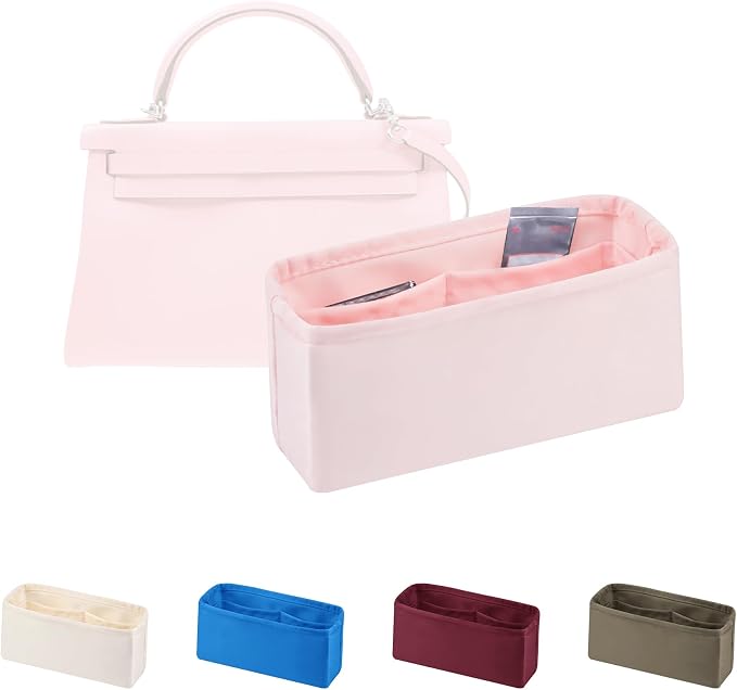 Women's Purse Organizer Insert - Satin & Lightweight Fabric with Inside Pockets, Portable for Commute, Travel, Shopping, and Evening, Multicolor Options, Fits for Kelly Mini II(Pink, Mini II) by KINGSINBAG