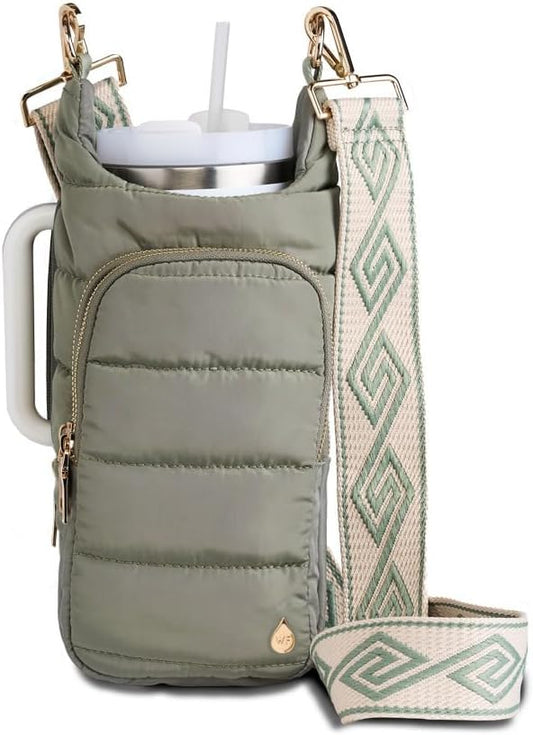 WanderFull Original HydroBag Handle®, Zipper for Handle, 40 oz Water Bottle Holder w/Strap, Crossbody Carrier Bag w/Phone Pocket, Tumbler Accessories - Sage Green w/Patterned Strap by WanderFull