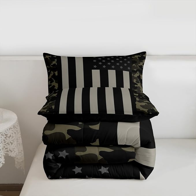 American Flag Comforter Set Full Military Camo Down Comforter,Retro Army Green Camouflage USA Flag Bedding Set For Kids Boys Teens Men Bedroom,Black Grey Stars Stripes Quilt Duvet Set 2 Pillow Cases - Image 6