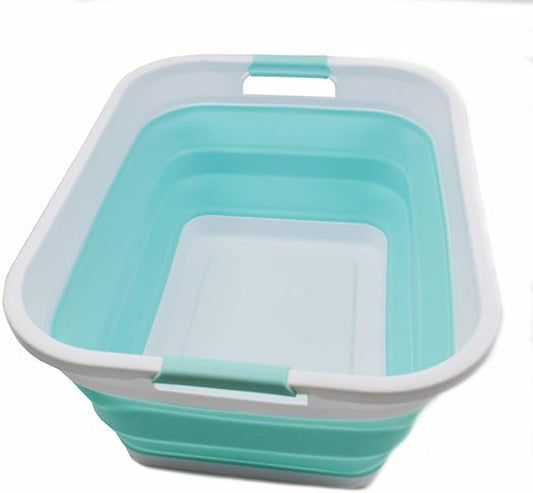 SAMMART 41L (10.8 gallon) Collapsible Plastic Laundry Basket-Foldable Pop Up Storage Container/Organizer-Portable Washing Tub, Water capacity: 32L (8.4 gallon) (Rectangular, White/Lake Green) by SAMMART