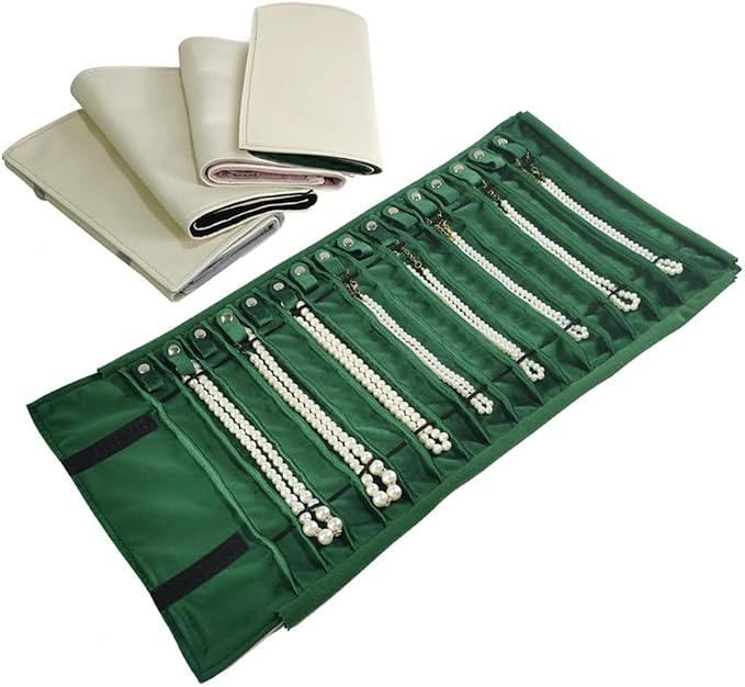 Travel Necklace Organizer, Tangle Free Jewelry Case, 16 Slots | Foldable,LightWeight Compact, Velvet Lining Jewelry Storage Bag for Chain Bracelet, Gift for Women Girls,Gray PU and Green - Image 2
