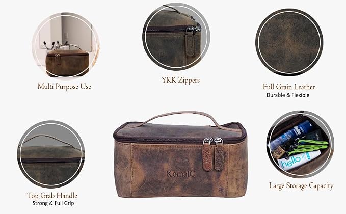 KomalC Leather Toiletry Bag For Men & Women, Handcrafted Travel Kit, Water-Resistant Shaving Bag For Men Travel, Premium Rustic Toiletry Pouch with Zipper Closure (1 Zip Hunter) - Image 7