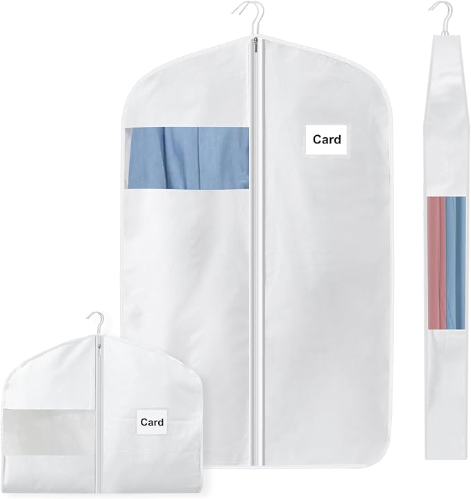 40" 100% Organic Cotton Garment Bags for Hanging Clothes and Storage, Breathable Clothes Covers with Viewing Window and Card Pocket for Short Dresses, Jackets, Suits by Ribbonlic