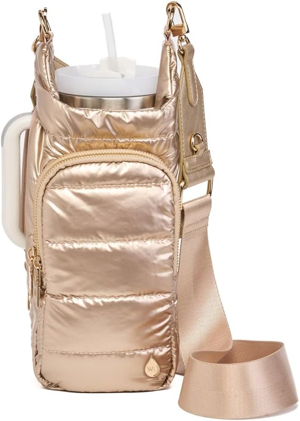 WanderFull Original HydroBag HANDLE®, Zipper for Handle, 40 oz Water Bottle Holder w/Strap, Crossbody Carrier Bag w/Phone Pocket, Tumbler Accessories - Gold Shiny w/Vegan Leather Trimmed Strap by WanderFull