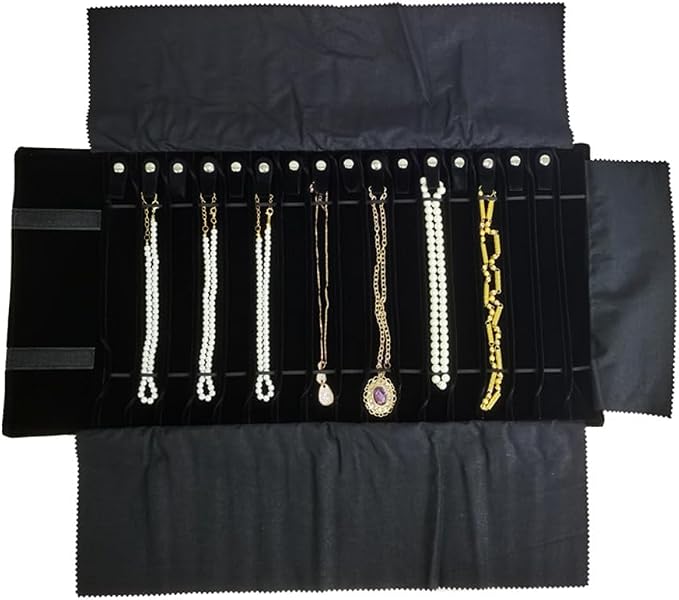 Travel Necklace Organizer, Tangle Free Jewelry Case, 16 Slots | Foldable,LightWeight Compact, Velvet Lining Jewelry Storage Bag for Chain Bracelet, Gift for Women Girls,Gray PU and Black - Image 2