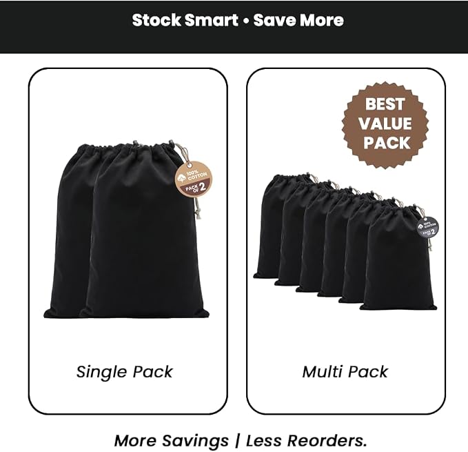 LFH Cotton Rich Shoe Storage Bags with Drawstring, Dustproof Breathable Reusable Organizer, Perfect For Travel, Dorm, Hotel, College, Gym, Machine Washable 12"x17" (Pack of 2) - Black sand - Image 8