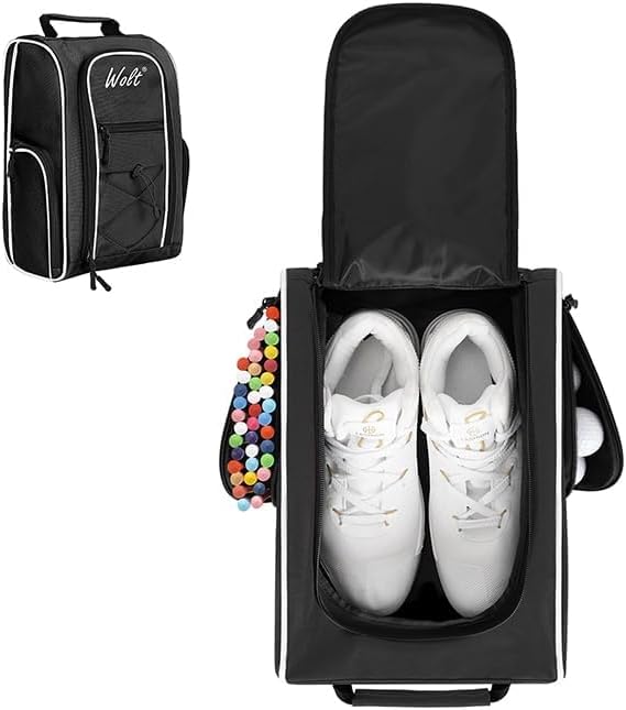 Wolt |Golf Shoe Bag for Travel- Zippered Shoes Carrier Bags with Ventilation & Double Outside Accessory Pocket for Socks, Tees, Golf Balls, Etc. for Women and Men (Black) by WOLT