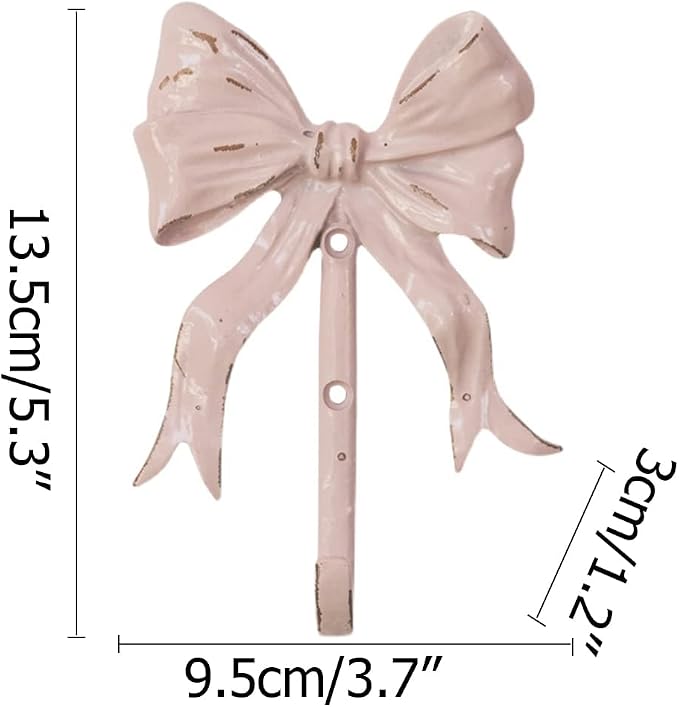 Pack of 2 Shabby Chic Large Decorative Wall Hooks 5.3" H,Iron Pink Bow Coat Hooks with Screws for Key, Towel, Bags, Cup, Hat and More - Image 2