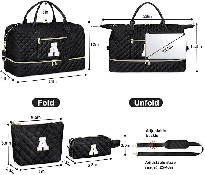 Graduation Birthday Gift for Her, Personalized Initial Weekender Bag for Women 45L Travel Duffle Carry On Quilted, 3PCS Overnight with Cosmetic & Toiletry Bag, Shoe Compartment, Gym Dance Bag for Girl - Image 6