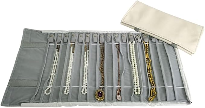 Travel Necklace Organizer, Tangle Free Jewelry Case, 16 Slots | Foldable,LightWeight Compact, Velvet Lining Jewelry Storage Bag for Chain Bracelet, Gift for Women Girls,Gray PU Gray Velvet - Image 4
