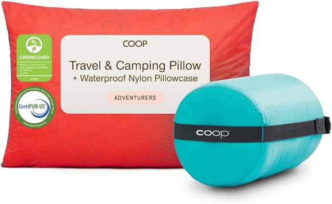 Coop Home Goods Original Adjustable Travel Pillow and Waterproof Pillow Protector Red Bundle with Compressible Stuff Sack, Medium-Firm Memory Foam and Washable Cover, CertiPUR-US Certified (19x13) by CoopSleepGoods