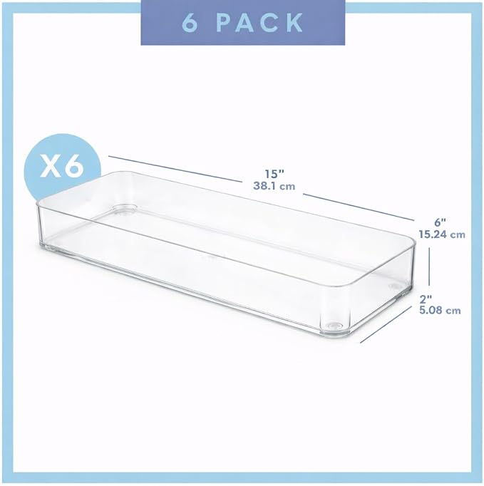 primebox Plastic Clear Acrylic Drawer Organizers. Bathroom, Kitchen, Bedroom, Utensils, Office Organizer Bins, Storage Trays. Heavy Duty, Stackable. 15" x 6" x 2" Set of 6 - Image 2