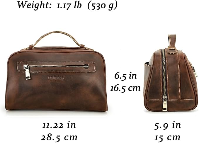 Contacts Full Grain Leather Travel Toiletry Bag for Men Wash Bag Bathroom Shaving Dopp Kit Toiletries Organizer Vintage Cosmetic Bag - Image 6