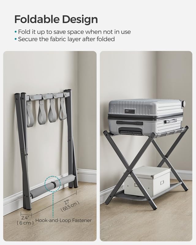 SONGMICS Luggage Rack, Foldable Suitcase Stand with Storage Shelf | Steel Frame, for Guest Room, Hotel, Bedroom, Slate Gray, URLR003G01 - Image 6