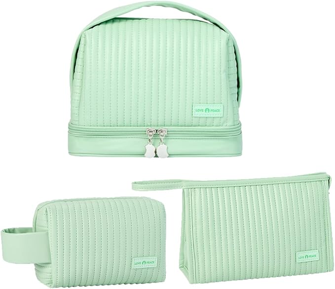 Cute Cosmetic Bag Travel Toiletry Bag Women Cosmetic Bag Organizer Waterproof Leather Set With Handle Zipper On-the-Go (Light green) by WANNES