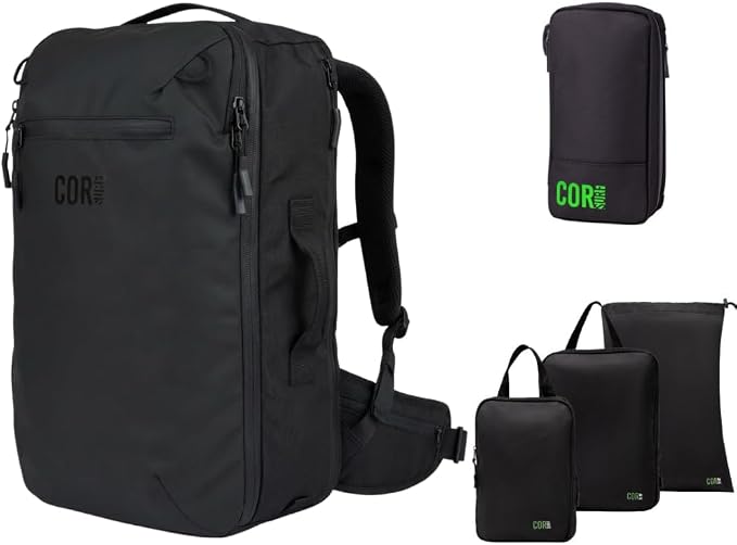 COR Surf Carry On Travel Backpack Bundle | Island Hopper Travel Backpack with Toiletry Bag and Compression Packing Cube Set (40L, Black) by CORSurf
