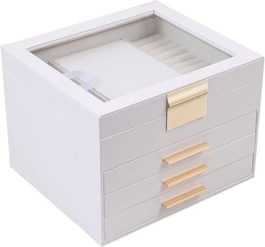 BOOVO Clear Lid Jewelry Box,3 Layers Jewelry Organizer Large Jewelry Storage Box with 2 Drawers,Jewelry Holder Organzier of Rings Earrings Necklace Bracelets for Women (White, 4 Layer) by BOOVO
