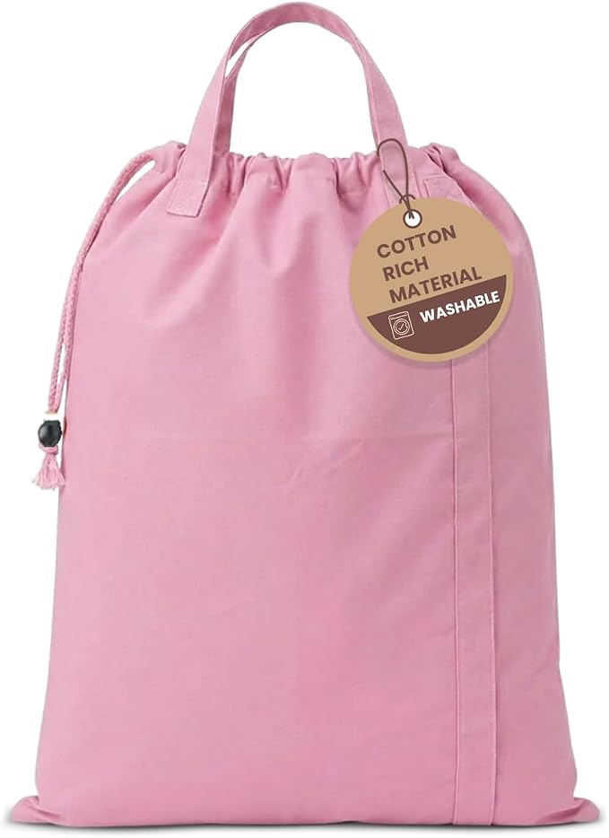 LFH Home Large Premium 1pack Cotton Rich Canvas Laundry Bag with Drawstring and Handles Heavy Duty, Multi-Use, Washable for Home, Travel, College or Storage 28x36-Pink by LFHHomePrivateLimited