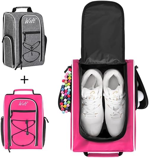 Wolt 2 Pcs Golf Shoe Bag for Travel- Zippered Shoes Carrier Bags with Ventilation & Double Outside Accessory Pocket for Socks, Tees, Golf Balls, Etc. for Women and Men (Grey+Pink) by WOLT