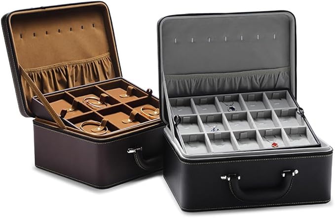 Jewelry Trays stacks Carriable with Handle Zipper Large Box Organizer Faux-Leather Accessory Case Storage(L3-BR) - Image 2