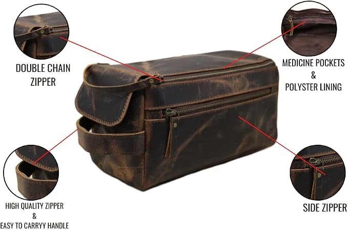 jaald Men's Genuine Leather Toiletry Bag Waterproof Shower Kit Shaving Bags And Grooming For Travel Groomsmen Gift Men Women Hanging Zippered Makeup Bathroom Cosmetic Pouch Case Make Up kit - Image 7
