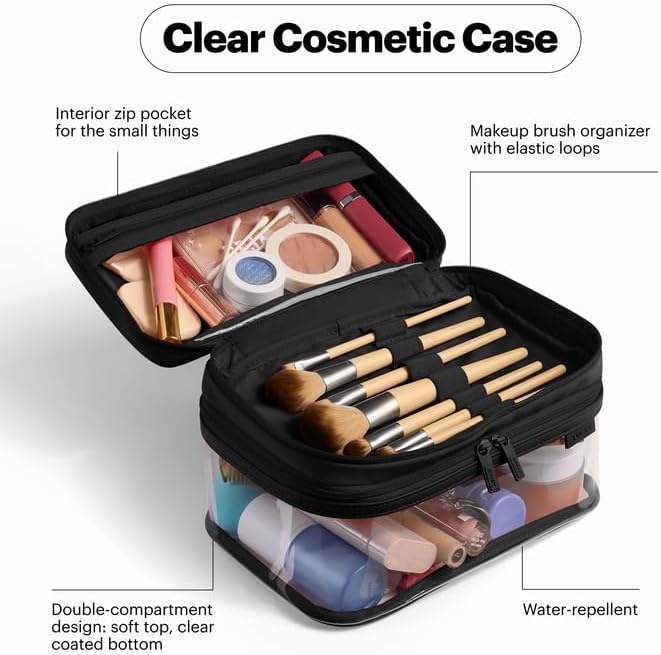 Away Clear Cosmetic Case - Water-Repellent Transparent Cosmetic Bag with 2 Compartments, Brush Holder, Interior Zip Pocket - Jet Black - Image 4