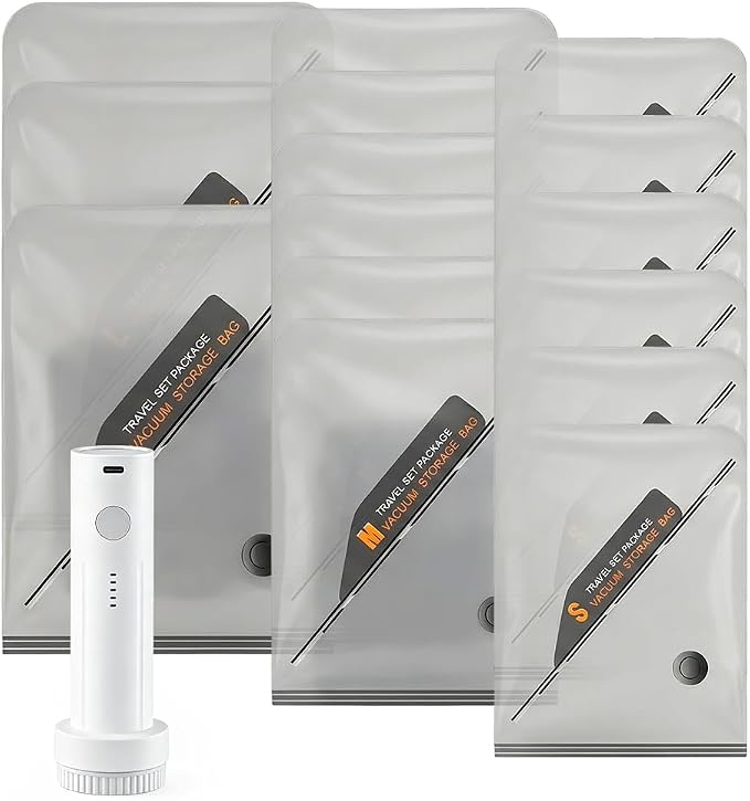 Cordless Travel Vacuum Storage Bags Set with Pump (Multicolor, S*6+M*6+L*3) | travel vacuum bags with pump by Unknown