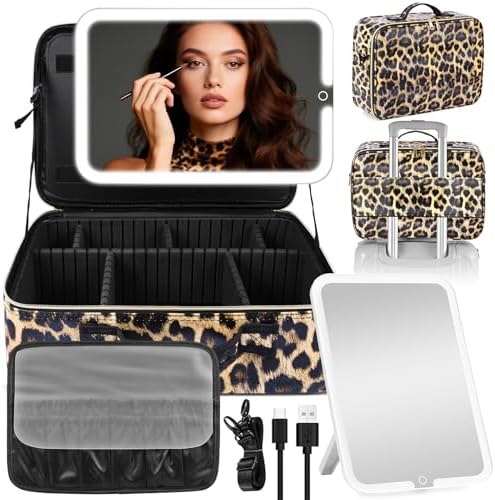 15''X11'' Makeup Bag with Removeable Lighted Mirror, Travel Makeup Case with 3 Color Lights Dimmable Brightness, Large Capacity Cosmetic Organizer Case with Detachable Dividers & Shoulder Strap by JJhxr
