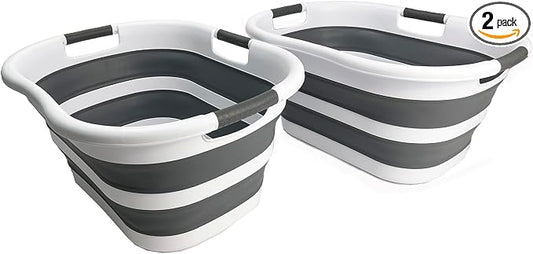 SAMMART 40L (10.5 gallon) Set of 2 Plastic Foldable Laundry Basket - Collapsible, Space Saving and Portable Laundry Hamper, Ideal for Home, Travel, Dorm, and Camping (2, White/Steel Gray) by SAMMART