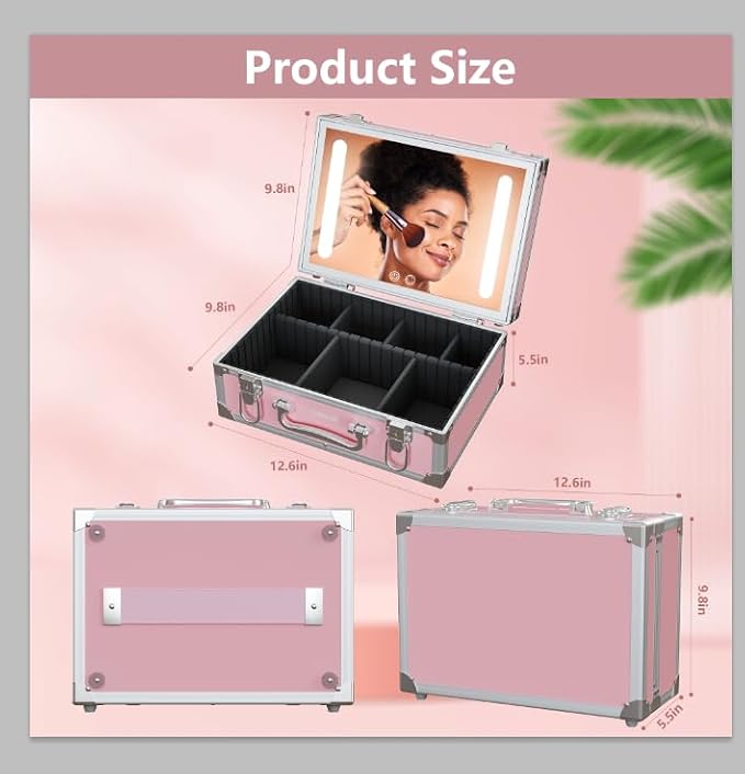 Cybergiant Travel Makeup Case with LED Mirror - Hard Shell Pink Travel Makeup Bag with Mirror - Portable Makeup Organizer with Mirror, Vanity Case for Cosmetics, Adjustable Divider - Image 3