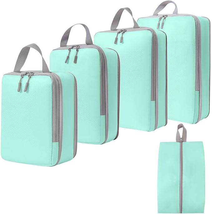 Compression Packing Cubes, 5 Set Suitcases Organizer Cubes for Travel Essentials, Ultralight Expandable Luggage Organizer Bags Set, Packing Organizer with Shoe Bag Travel Accessories Women Men (Blue) by Unknown