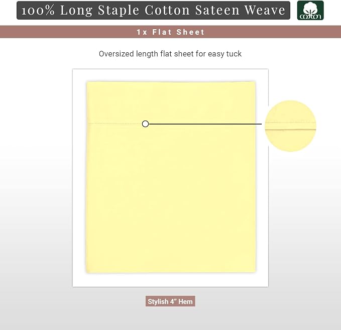 Pizuna Pure 100% Cotton Flat Sheets Only King Mellow Yellow (1 PC), Luxurious 400 Thread Count Long Staple Cotton Sateen with 4inch Hem (Combed King Flat Sheet Only Cotton) - Image 3