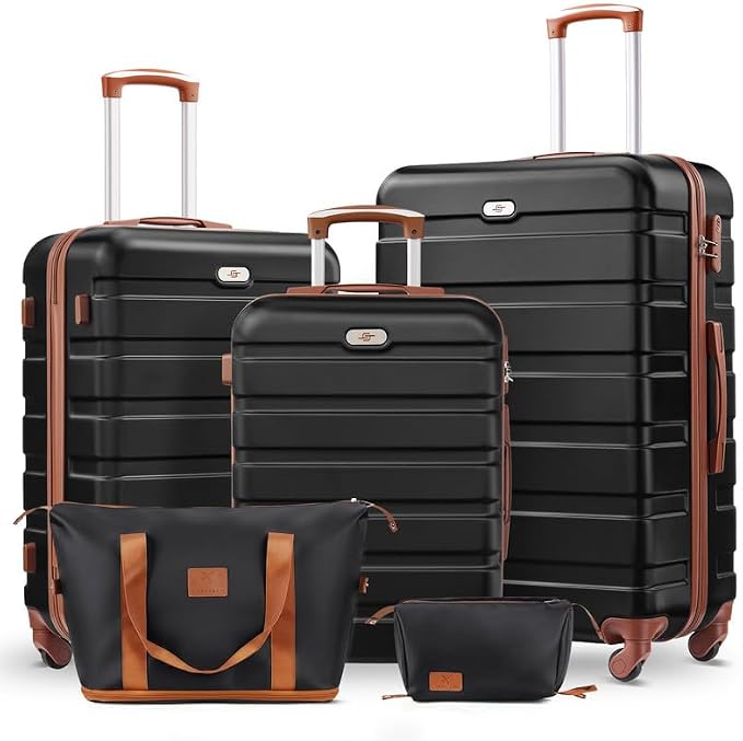 Suitour Luggage Sets 5 Piece, 20, 24, 28 inch Hardside Carry-on and Checked Suitcase Set with Expandable Travel Duffle Bag Sets（Black Tan） by Suitour